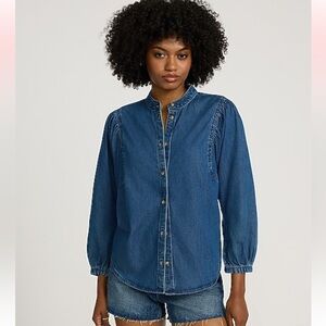 Express Denim Jean Puff Sleeve Stand Collar Button Up Shirt Blouse Top Womens M